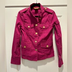 Tory Burch Magenta Utility Military Jacket Gold Logo Buttons Sz Small